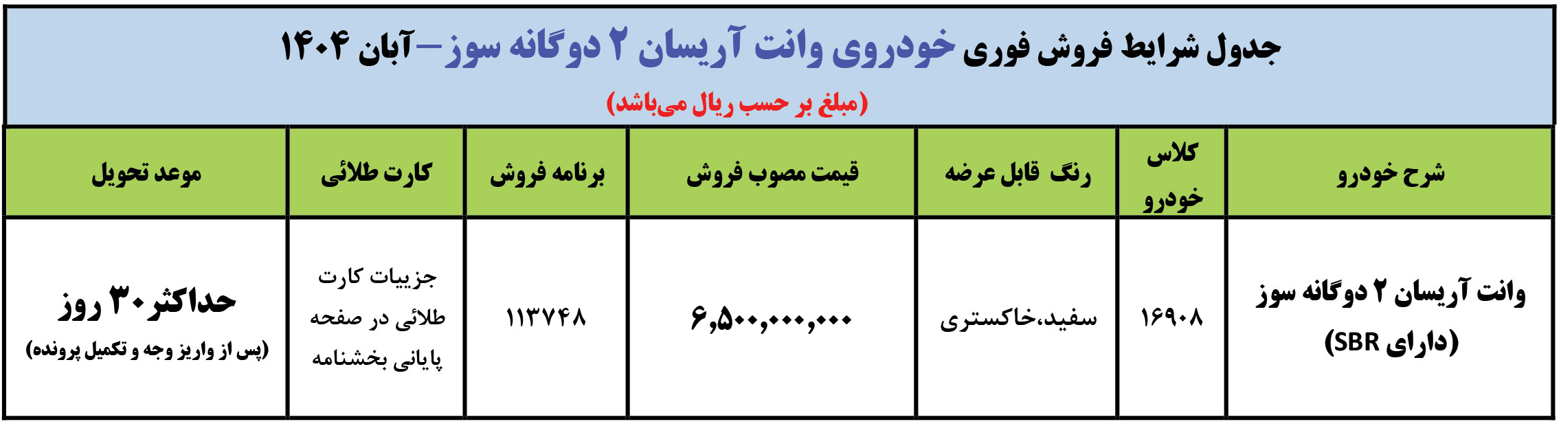 ثبت نام فوری وانت اریسان دوگانه سوز