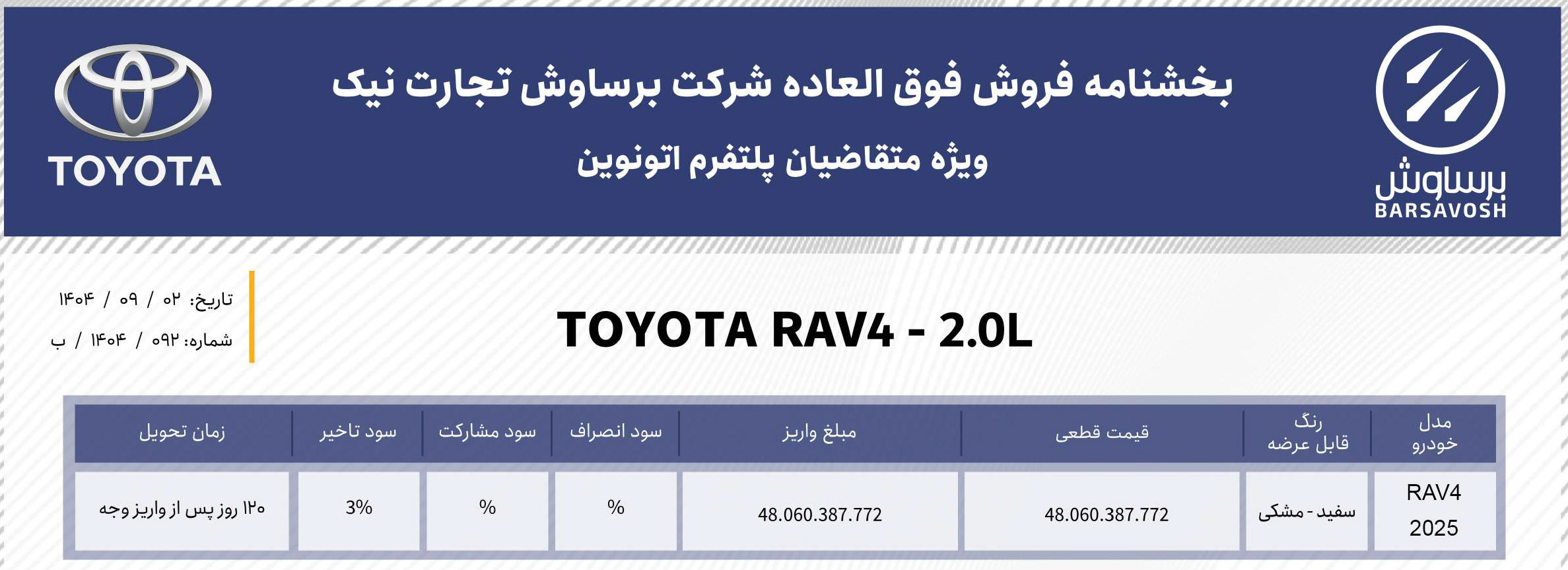 ثبت نام تویوتا راوفور وارداتی برساوش